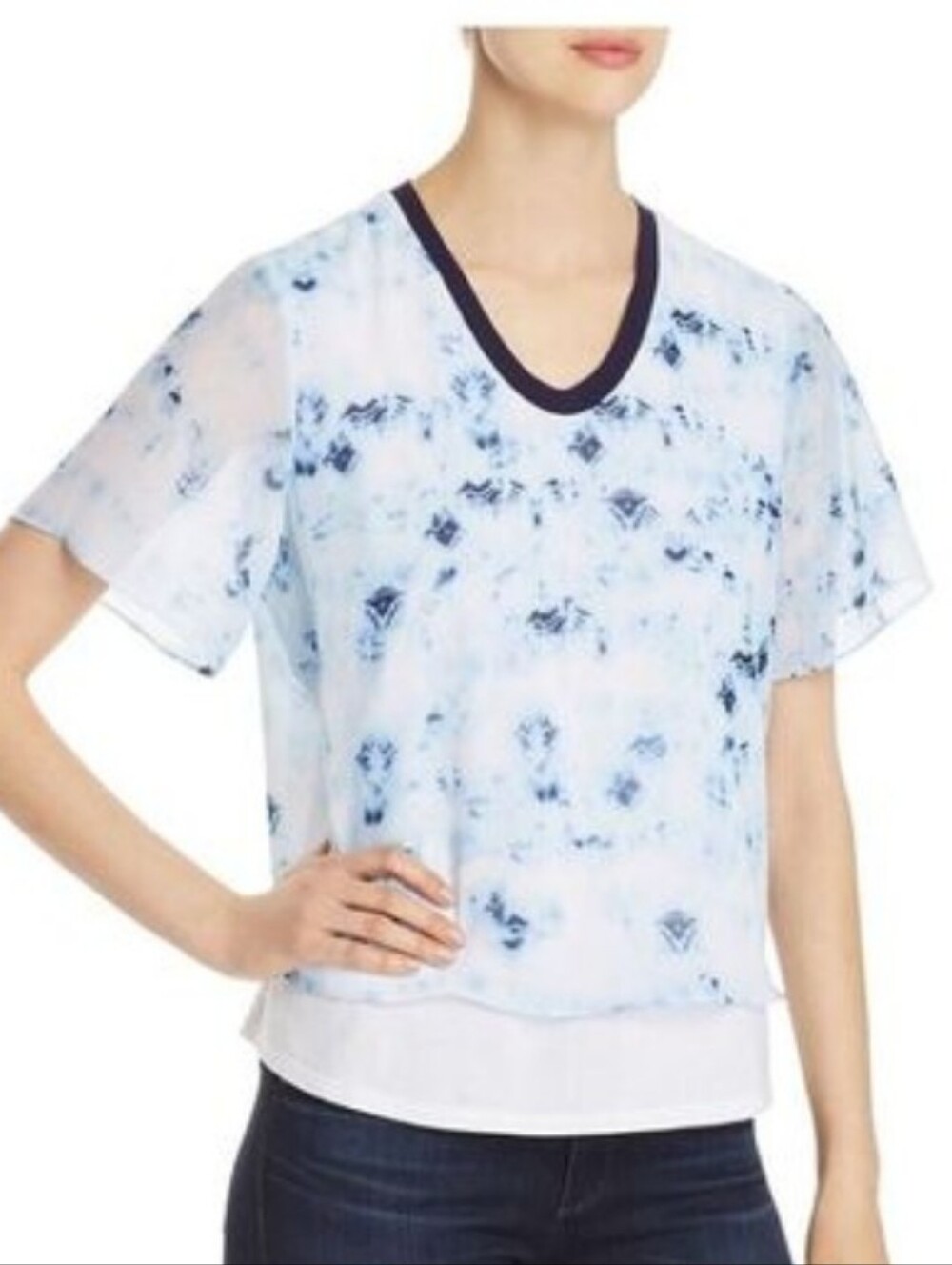 Donna Karan Light Blue Tie-Dye V-Neck Short Sleeve Top NWT